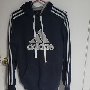 Adidas Men's Dark Blue Hoodie with White Stripes